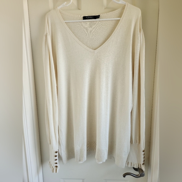 Lauren Ralph Lauren Knit V-Neck Sweater Ruffle Sleeves Gold Button Accents 1X - Picture 1 of 10